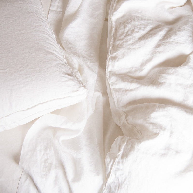 Linen Twin Flat Sheet | Linen sheeting with Austin midweight linen duvet and sham, white - overhead view.