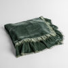 Loulah Baby Blanket | Eucalyptus | an overhead shot of a folded silk velvet baby blanket with a raw-edged eyelash ruffle detail.