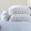 Loulah Sham | White | Two shams stacked flat next to matching bolster. Close-up side view highlights the ruffle trim.