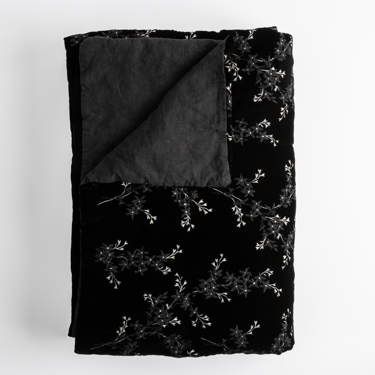 Lynette Blanket | Corvino | Close up of folded blanket, with a corner turned back to showcase the linen back - overhead view.