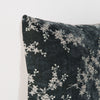 Lynette Throw Pillow | Fog | Corner detail close-up, highlighting two-tone embroidery and linen back.
