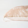 Lynette Throw Pillow | Pearl | Close-up side vew featuring brass zipper with charmeuse pull and linen back.