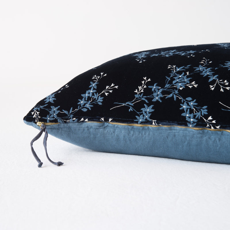 Lynette Sham | Midnight | Close-up side vew featuring brass zipper with charmeuse pull, and linen back.