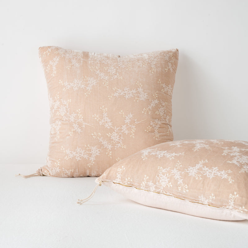 Two Lynette shams against a light background | one upright and one laying flat, highlighting zipper detail and linen back.