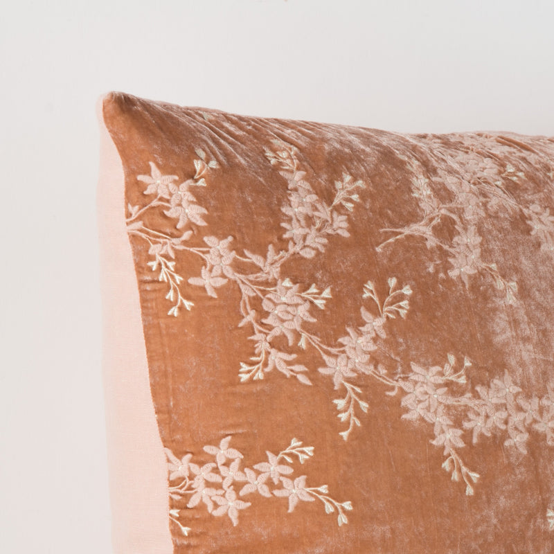 Lynette Sham | Rouge | Corner detail close-up, highlighting two-tone embroidery and linen back.