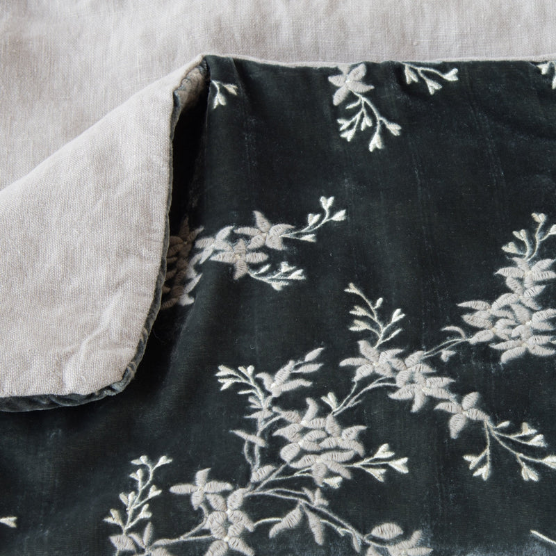 Lynette Blanket | Fog | Close up of blanket, with a corner turned back to showcase the linen back - overhead view.