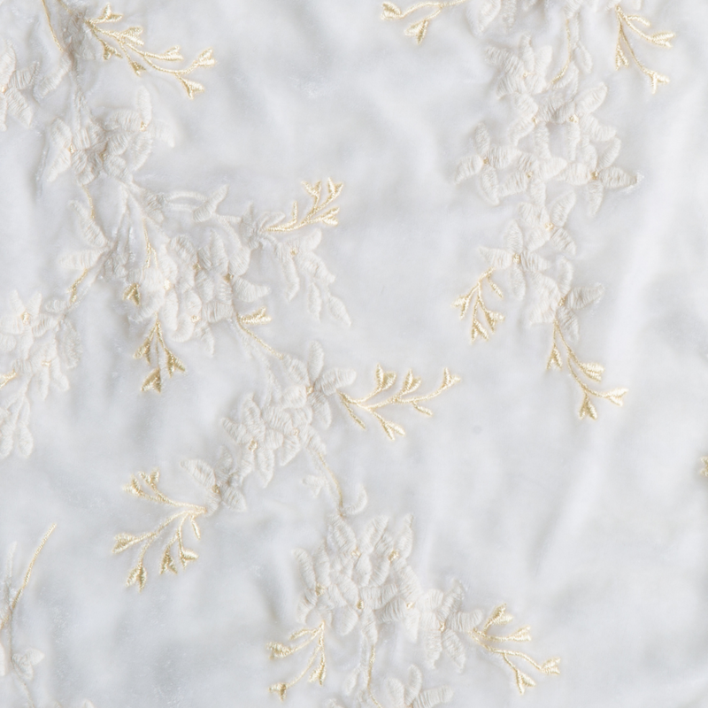 Lynette Blanket | White | A close up of embroidered silk velvet fabric in classic white.