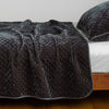 Silk Velvet Quilted Coverlet | Moonlight | coverlet with matching sham and white sheeting - side view.