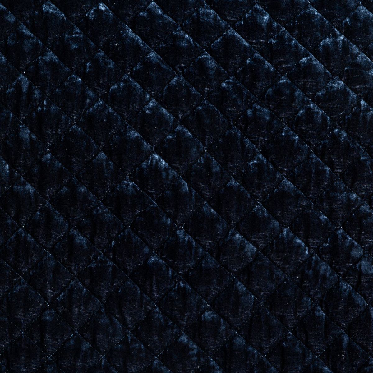 Silk Velvet Quilted Coverlet | Midnight | A close up of quilted silk velvet fabric in midnight, a rich indigo tone.