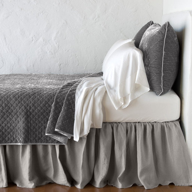 Fog | Silk velvet quilted coverlet with matching shams and white sheeting - fog, side view.