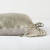 Taline Throw Pillow | Fog | Close-up side vew featuring brass zipper with charmeuse pull and linen back.