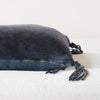 Taline Throw Pillow | Midnight | Close-up side vew featuring brass zipper with charmeuse pull and linen back.