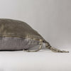 Taline Throw Pillow | Moonlight | Close-up side vew featuring brass zipper with charmeuse pull and linen back.