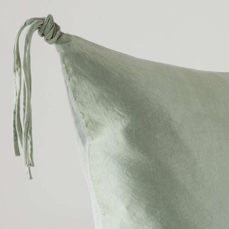 Taline Sham | Eucalyptus | Corner detail close-up, highlighting hand-tied charmeuse tassel.