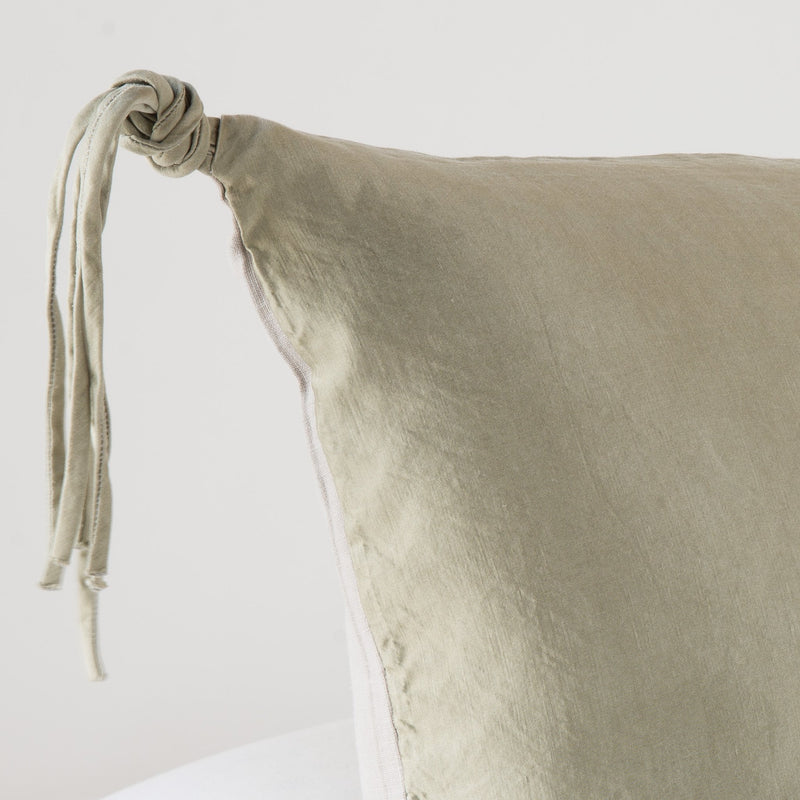 Taline Sham | Fog | Corner detail close-up, highlighting hand-tied charmeuse tassel.