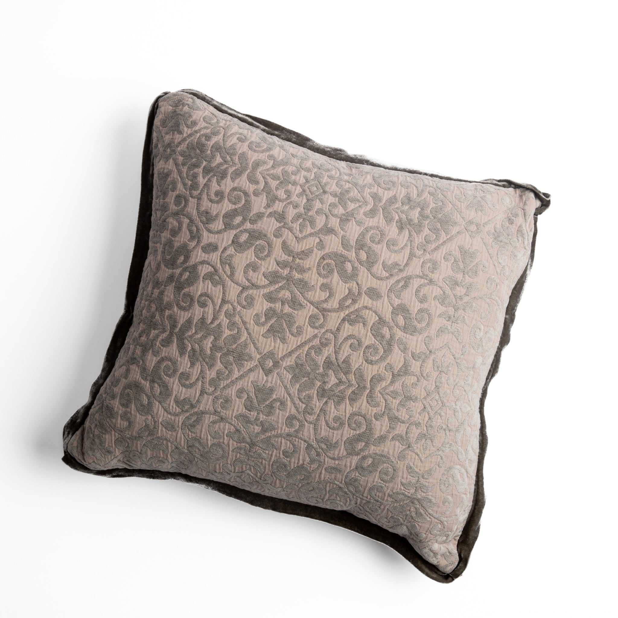 Vienna Throw Pillow | Fog | cotton chenille jacquard 18x18 pillow shown from overhead to display the pillow's face and silk velvet trim — overhead against a white background.