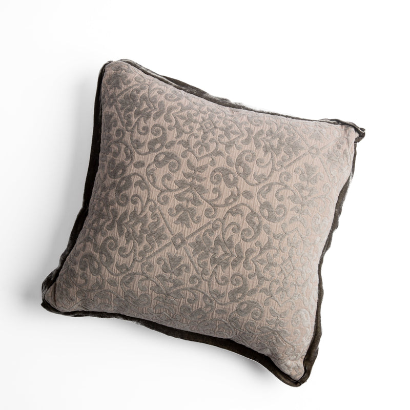 Vienna Throw Pillow | Fog | cotton chenille jacquard 18x18 pillow shown from overhead to display the pillow's face and silk velvet trim — overhead against a white background.