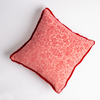 Vienna Throw Pillow | Poppy | cotton chenille jacquard 18x18 pillow shown from overhead to display the pillow's face and silk velvet trim — overhead against a white background.
