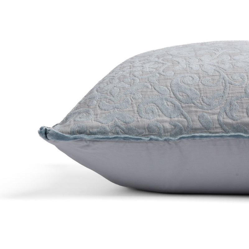 Vienna Throw Pillow | side view of 18x18 pillow shows cotton sateen back and silk velvet trim detail — close up against a white background. 