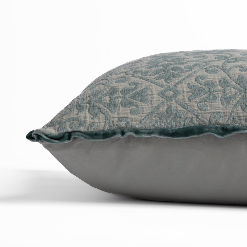 Vienna Throw Pillow | side view of 18x18 pillow shows cotton sateen back and silk velvet trim detail — close up against a white background. 