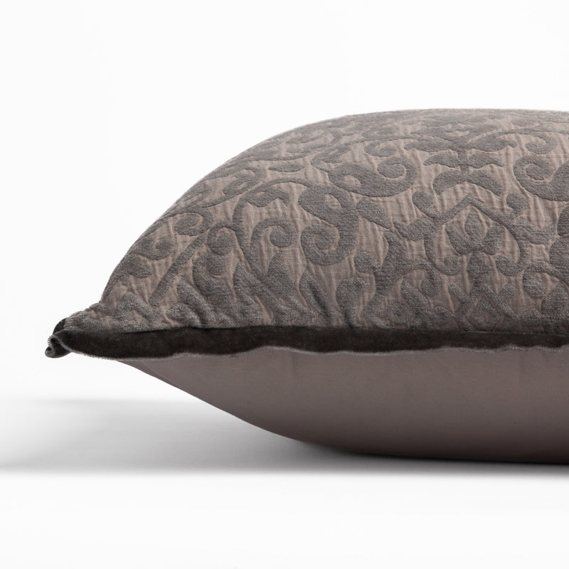 Vienna Throw Pillow |  side view of 18x18 pillow shows cotton sateen back and silk velvet trim detail — close up against a white background. 