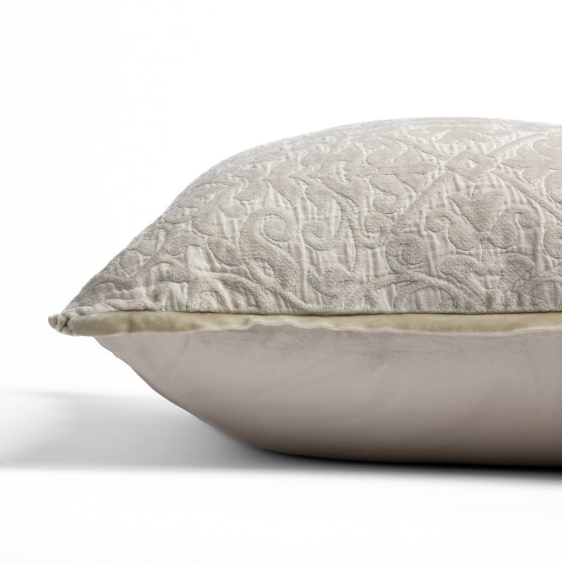 Vienna Throw Pillow | side view of 18x18 pillow shows cotton sateen back and silk velvet trim detail — close up against a white background.