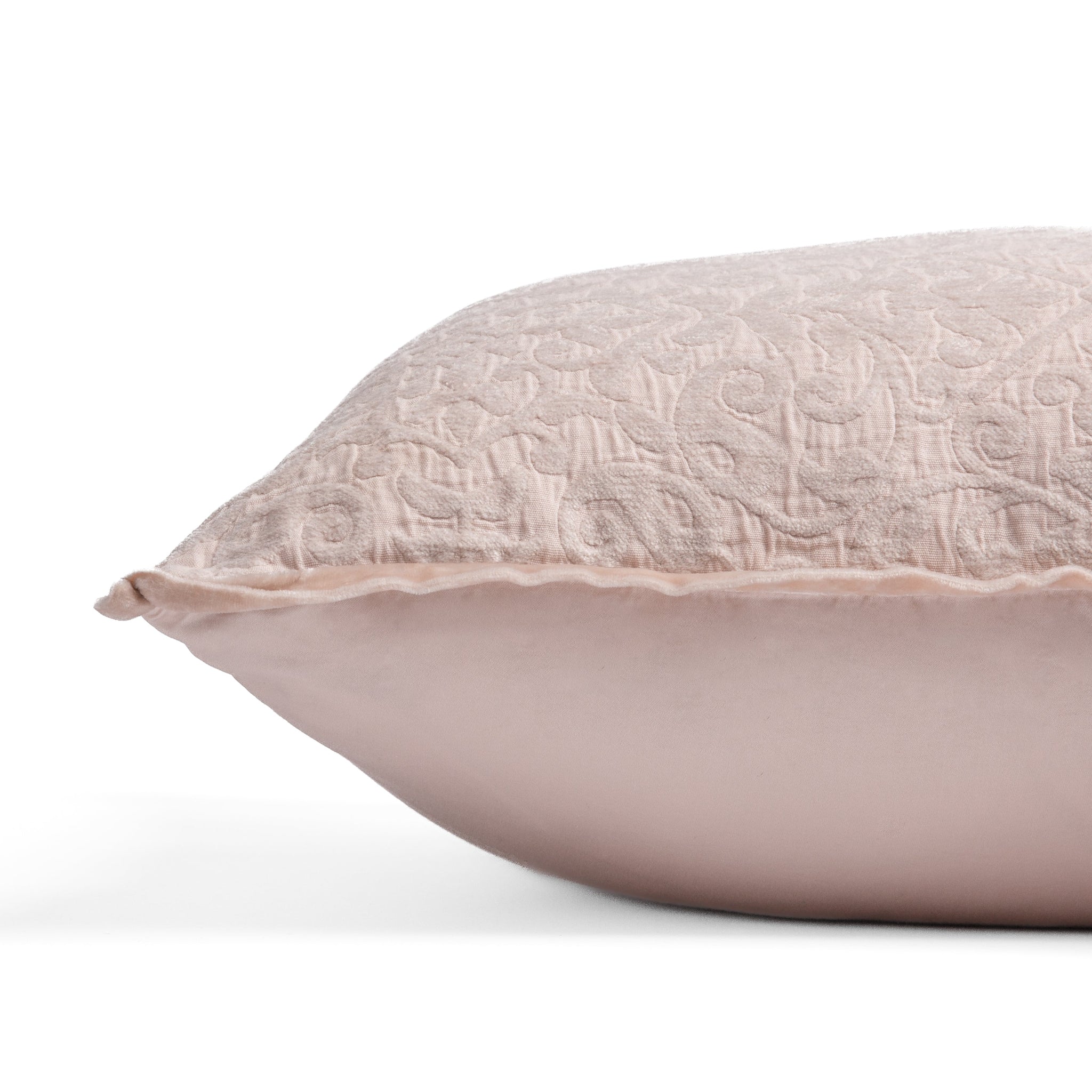 Vienna Throw Pillow | side view of 18x18 pillow shows cotton sateen back and silk velvet trim detail — close up against a white background.