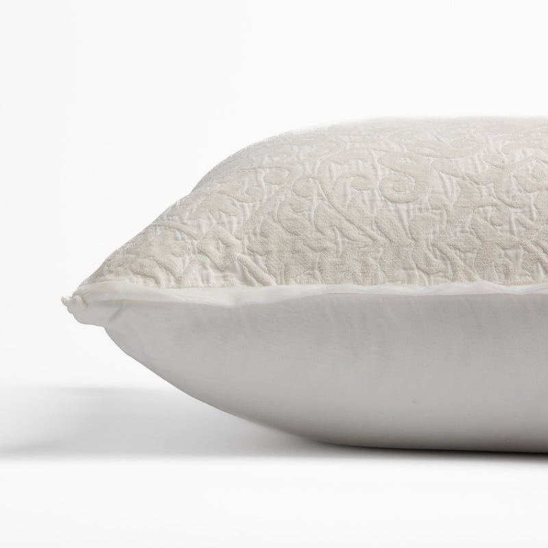 Vienna Throw Pillow | side view of 18x18 pillow shows cotton sateen back and silk velvet trim detail — close up against a white background.