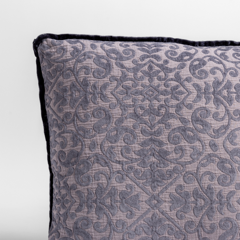 French Lavender | a close up of a vienna throw pillow corner, showing trim and pattern detail — straight on against a white background.
