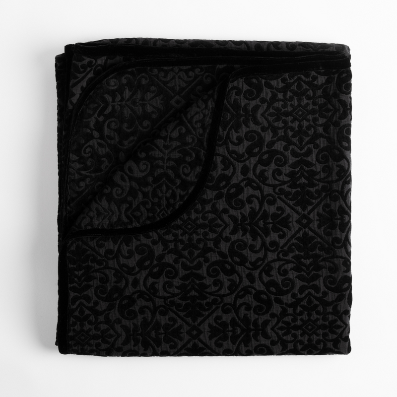 Vienna Blanket | Corvino | folded blanket with corner folded down to show reverse side of blanket and silk velvet trim.