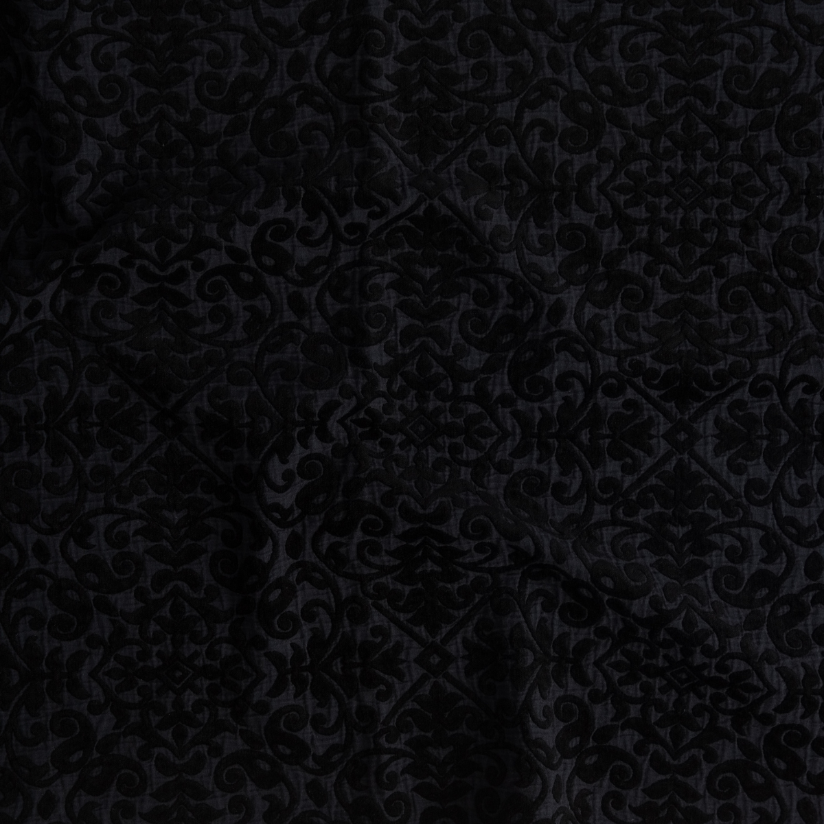 Vienna Swatch Card | Corvino | A close up of cotton chenille fabric in Corvino, a black tone.