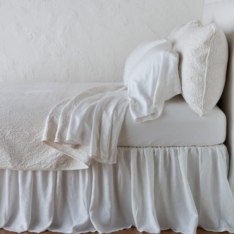 Vienna Coverlet | Winter White | Cotton chenille jacquard coverlet and matching sham over white sheeting - side view.