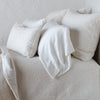 Vienna shams with matching coverlet and lumbar pillow, and on-tone sleeping pillow - winter white, cropped side view.